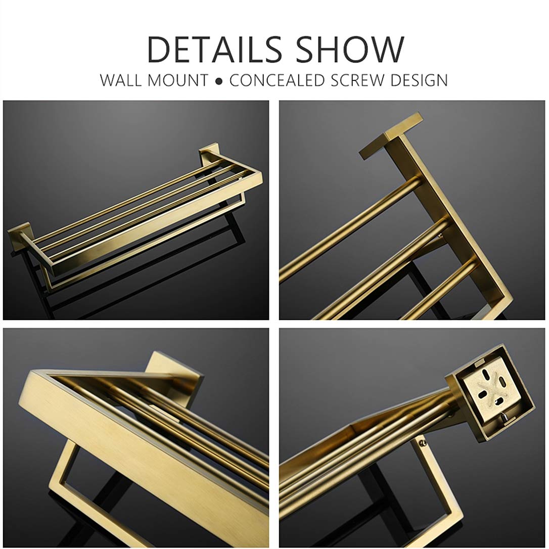 VELIMAX Premium Stainless Steel Towel Rack Wall Mounted Towel Shelf for Bathroom Quadruple Towel Racks with Towel Bar  23.6-Inch(Whole Length)  Gold Finish